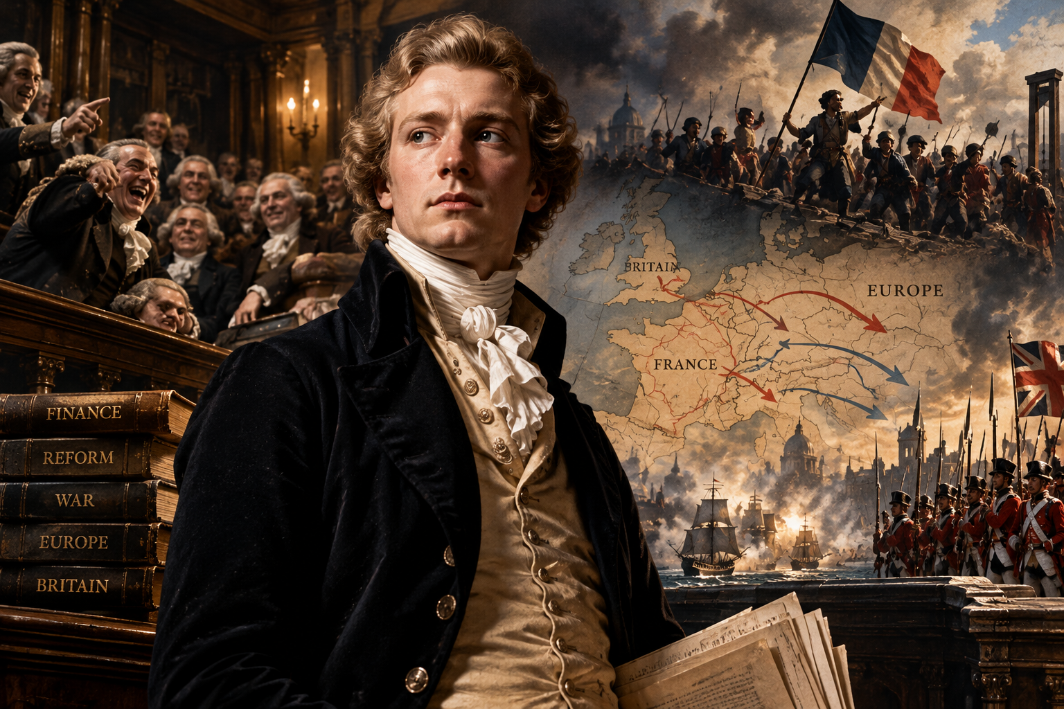 A young William Pitt the Younger stands in Parliament as older politicians laugh behind him, while a map of Europe, the French Revolution and British forces suggest the wars that would dominate his premiership.