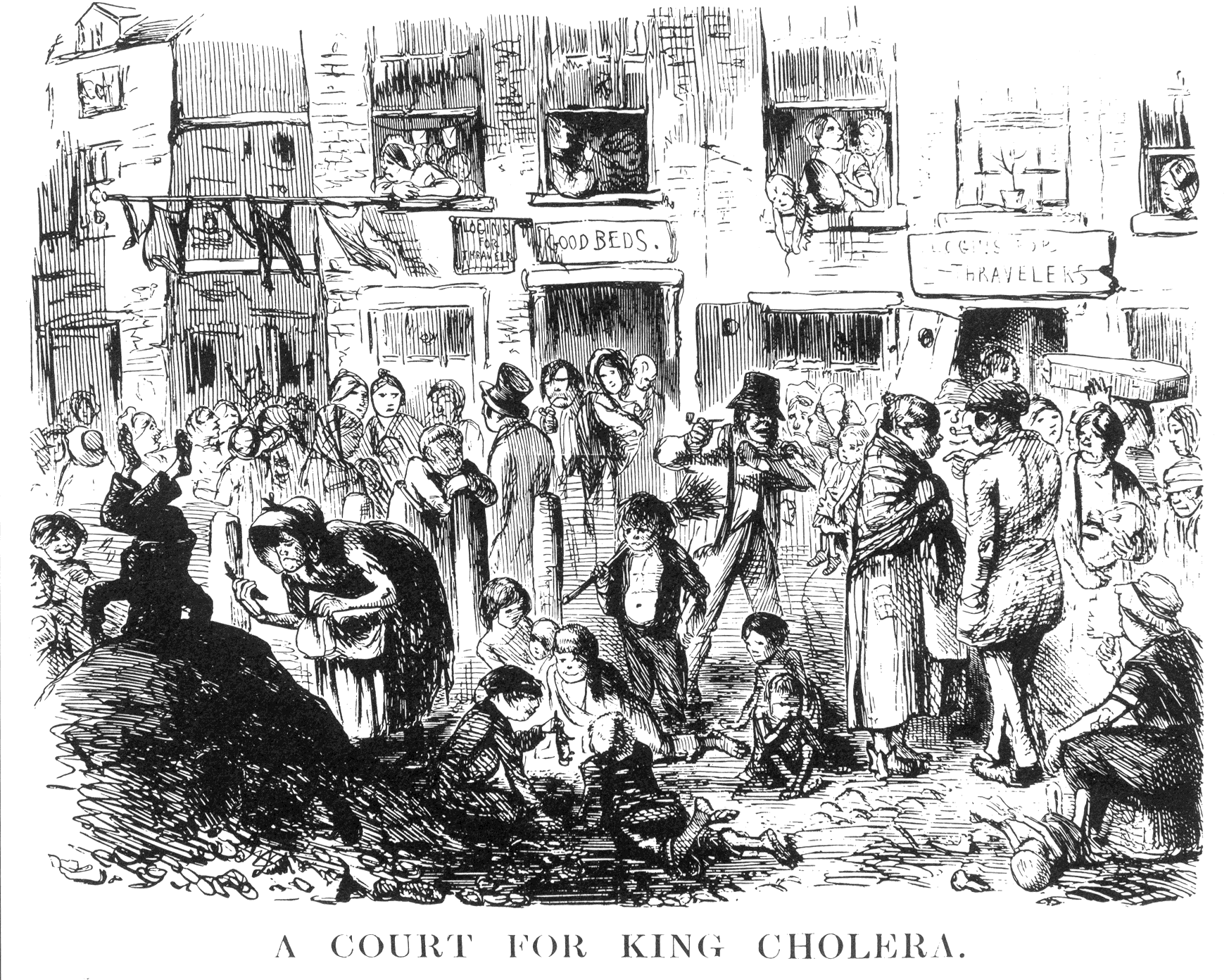 ictorian black-and-white illustration showing an overcrowded London courtyard, with families and children surrounded by cramped housing and poor sanitation.