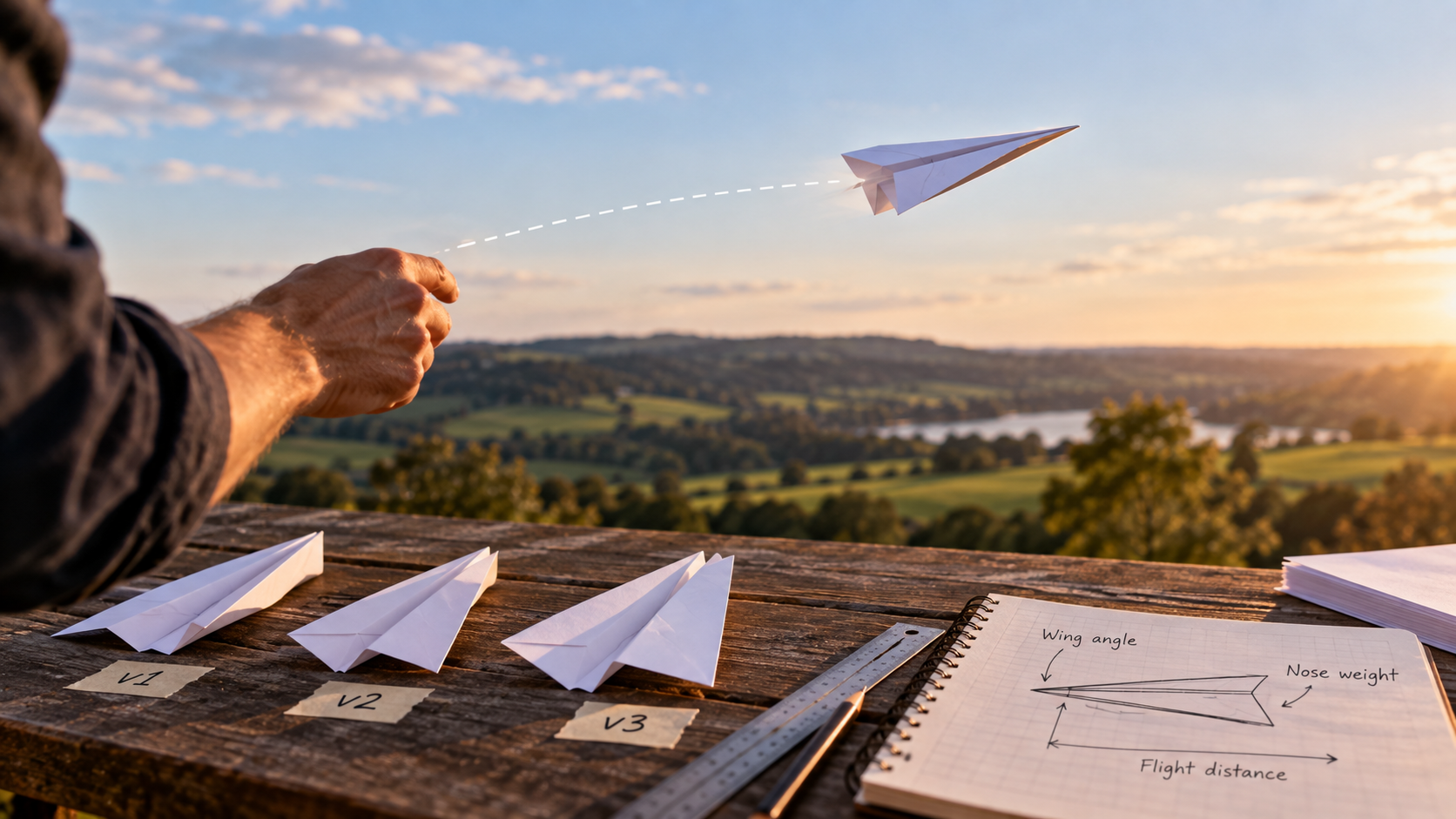 A paper plane flies over a countryside landscape while several folded prototypes, a ruler and a notebook with flight adjustments sit on a wooden table.