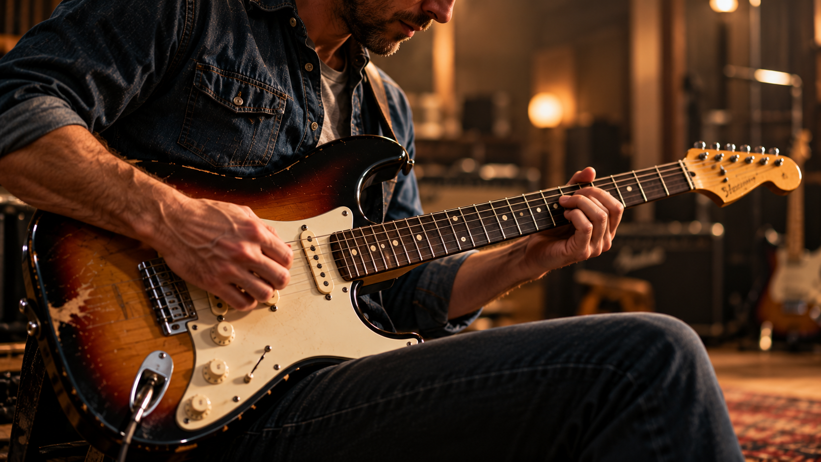 A man in a denim shirt plays a sunburst Stratocaster-style electric guitar in a warmly lit music studio.