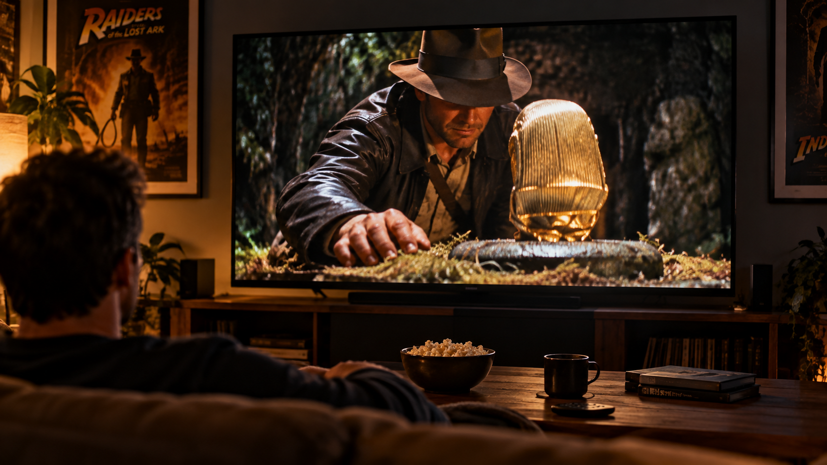 A man watches Raiders of the Lost Ark on a large television at home, with Indiana Jones reaching towards the golden idol on screen.