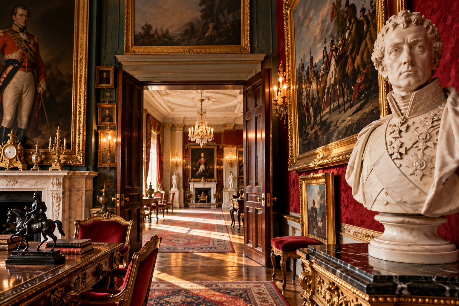 The richly decorated interior of Apsley House, with gilded paintings, chandeliers, military objects and a marble bust of the Duke of Wellington overlooking a sequence of grand rooms.