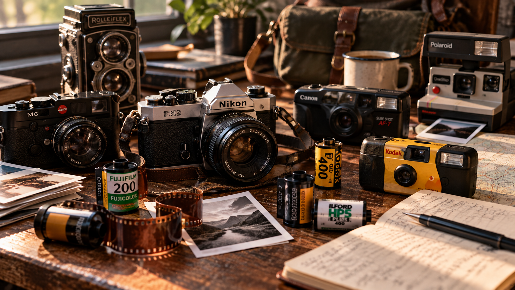 A collection of film cameras, including vintage, SLR, instant and disposable models, arranged on a wooden table alongside rolls of film, negatives, photographs, a map and notebook.