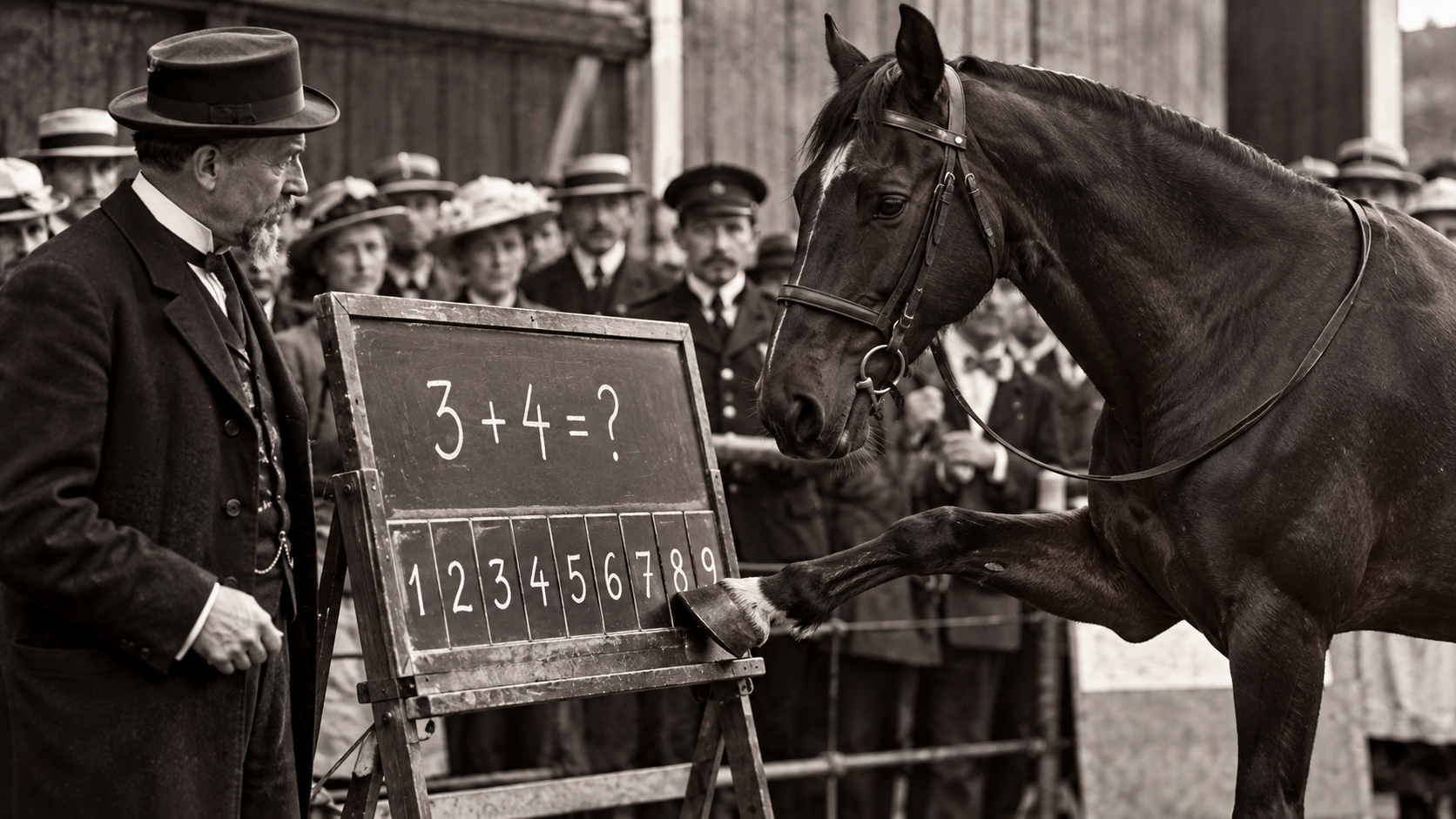 Clever Hans, a horse in early twentieth-century Berlin, raises his hoof towards a numbered board displaying a simple arithmetic problem as his trainer and a crowd of spectators watch.
