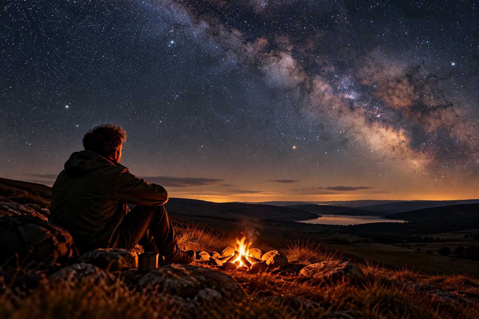 A lone man sits beside a small campfire on a rocky hillside, looking up at the Milky Way stretching across a spectacular star-filled night sky above a dark valley.