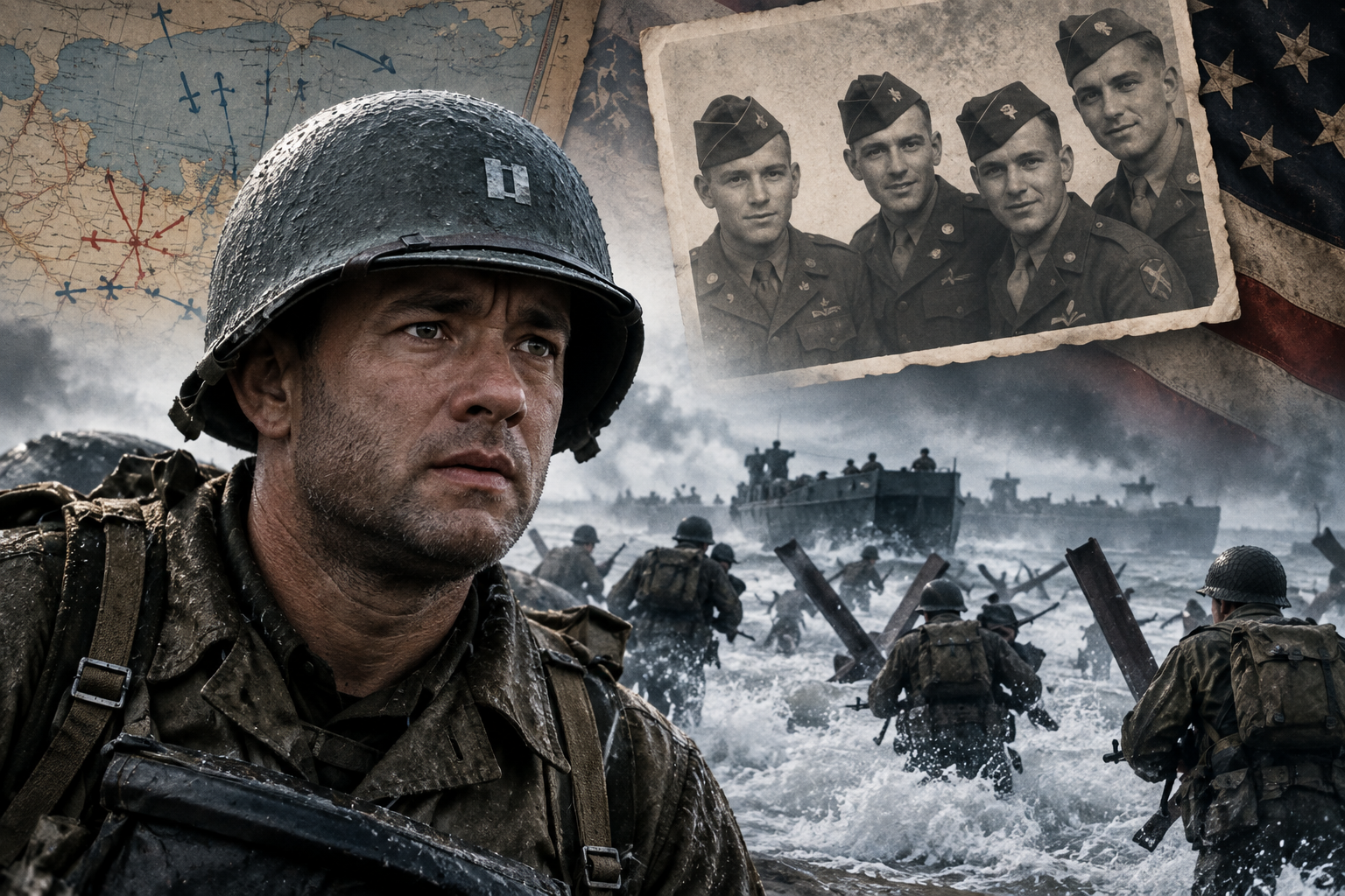 A Second World War American soldier stands in the foreground as troops wade ashore through rough water, with a Normandy map and an old photograph of four servicemen behind him.