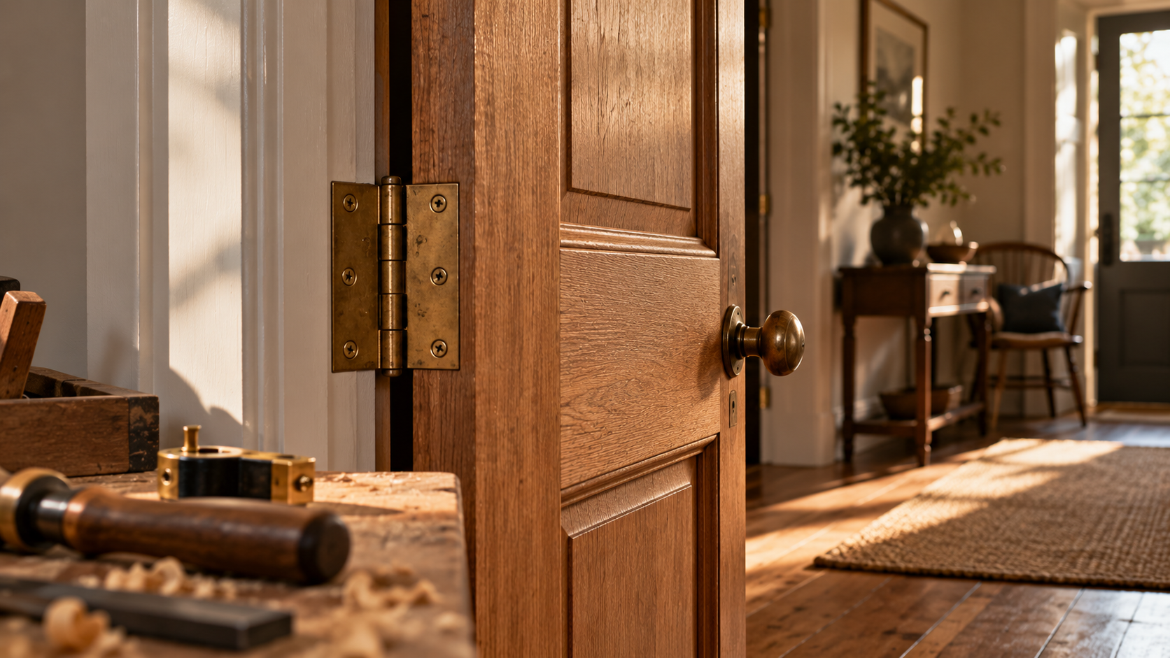 Close-up of a solid wooden door hanging on brass hinges, with carpentry tools and wood shavings on a workbench beside it.