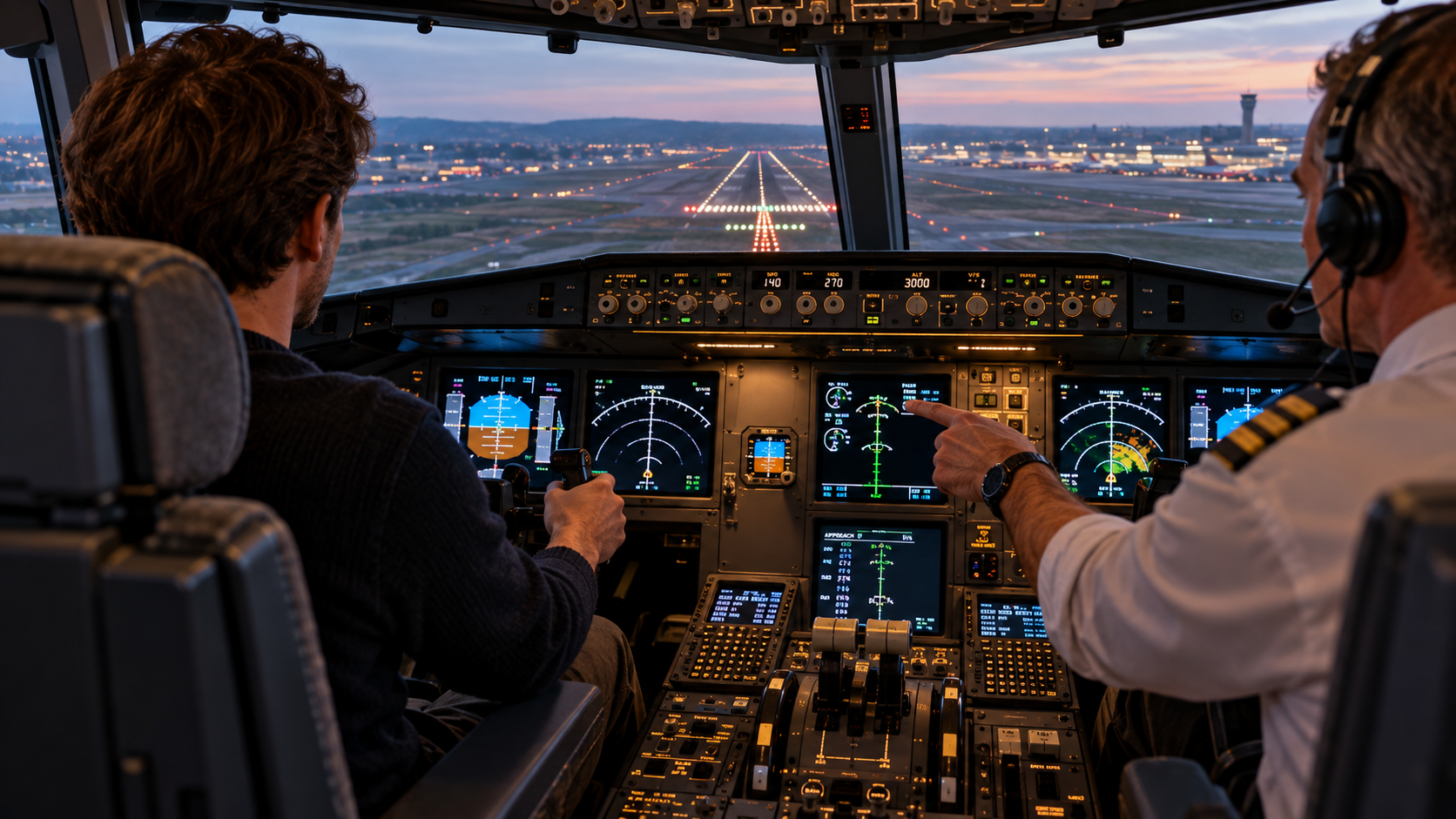 A passenger sits at the controls of a modern airliner on final approach to a runway while a pilot beside him points towards the cockpit instruments.