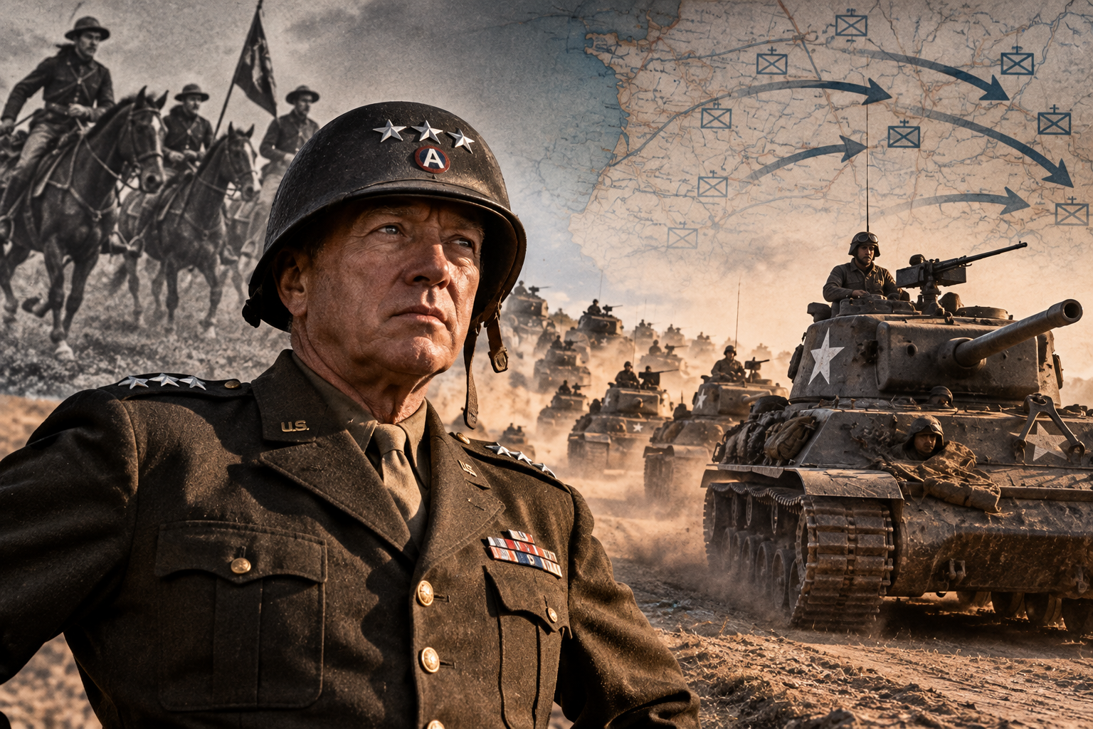 Alt text: General George S. Patton stands in the foreground as mounted cavalry gives way to columns of American tanks, with a wartime campaign map behind them.