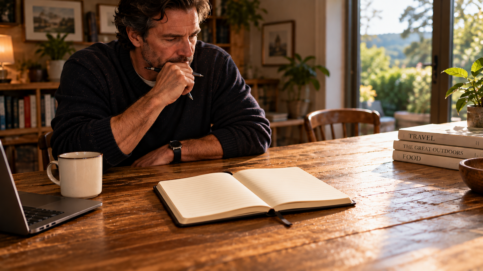 A man sits thoughtfully at a wooden table with a pen in his hand and a blank open notebook in front of him.