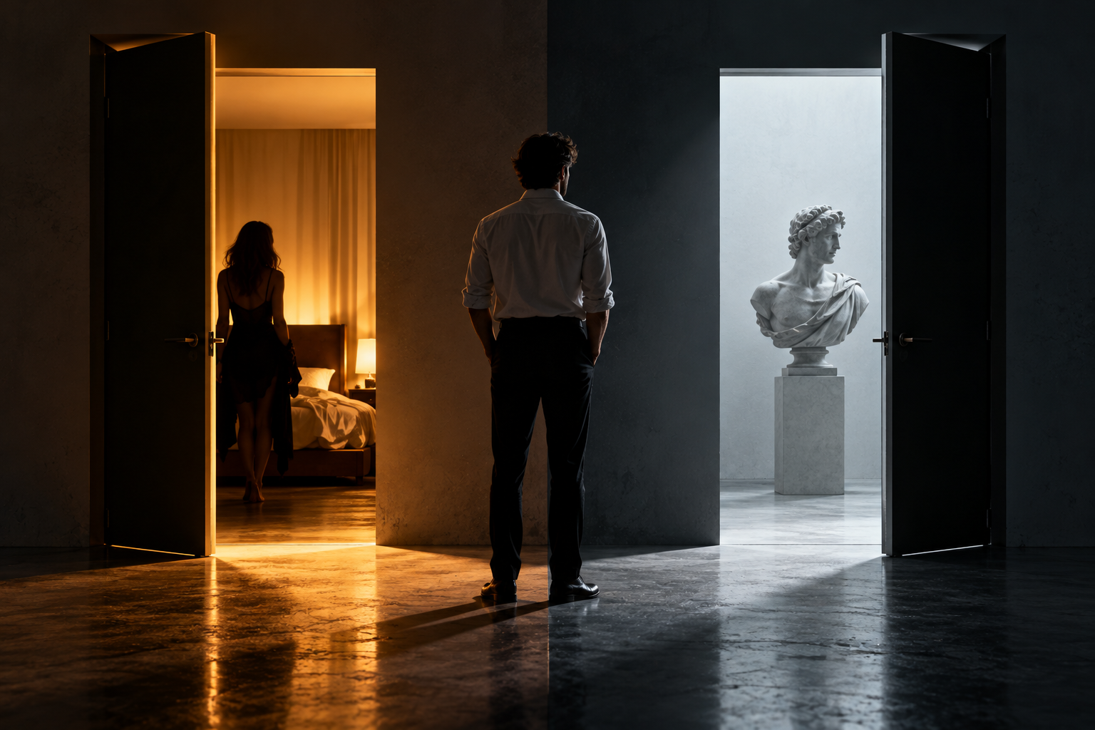 A man stands between two open doors, one leading towards a woman in a warmly lit bedroom and the other towards a solitary marble bust, representing a private choice between temptation and principle.