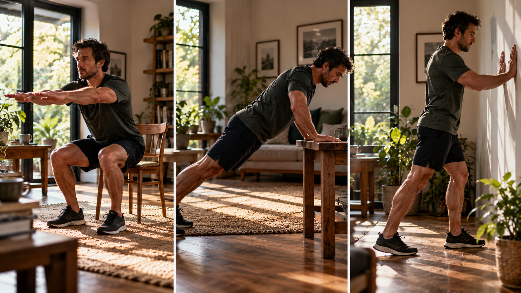 Three views show a man doing simple strength exercises at home: a chair squat, an incline push-up against a table and a supported wall exercise.