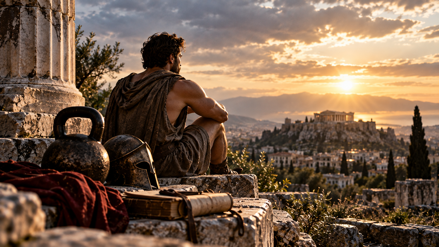 A muscular man in ancient clothing sits among classical ruins at sunset, looking towards a distant city, with a kettlebell, helmet and books beside him.