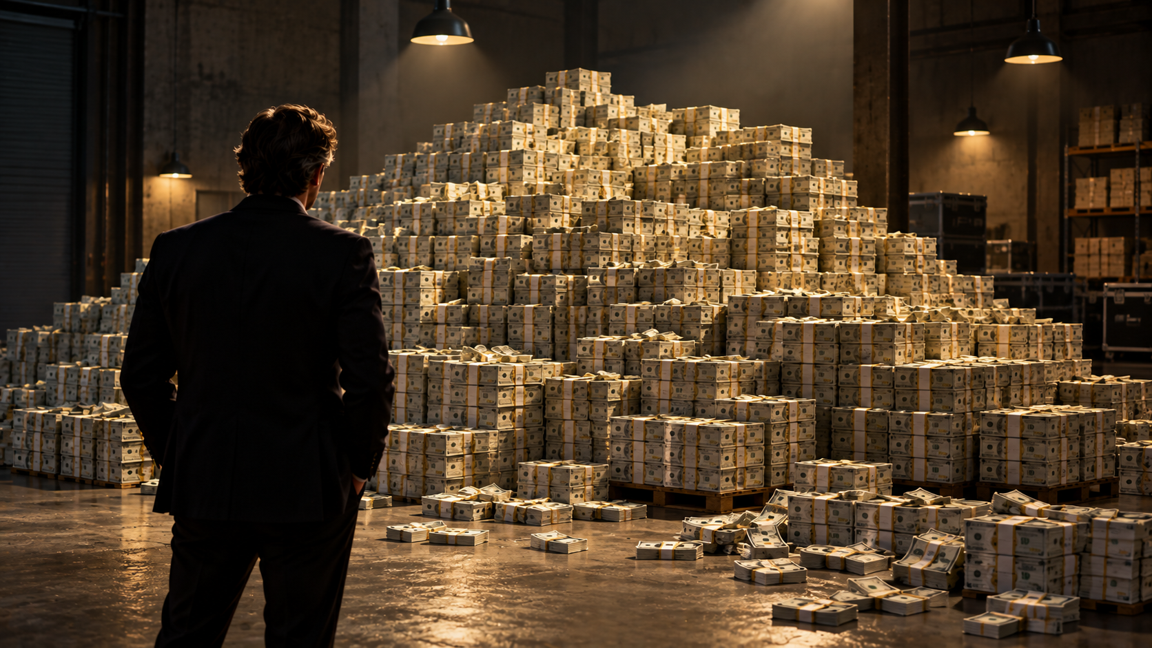 A man in a dark suit stands with his back to the camera, looking at an enormous warehouse filled with stacks of bundled banknotes.
