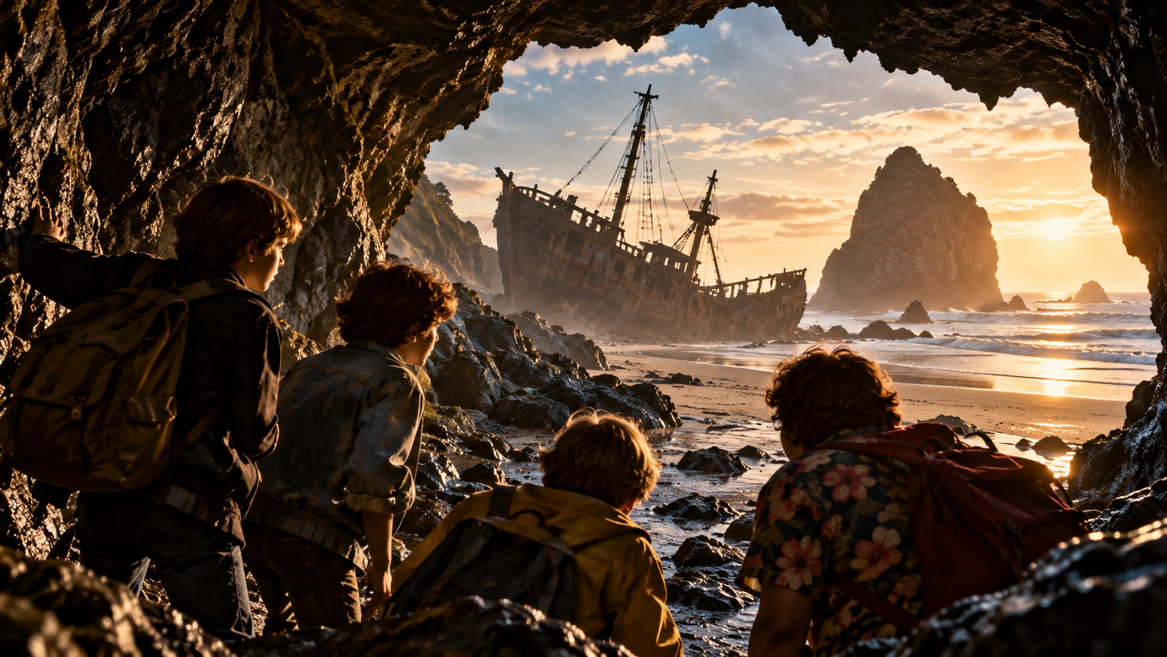 our boys explore a rocky sea cave overlooking a wrecked old sailing ship on the Oregon coast at sunset.