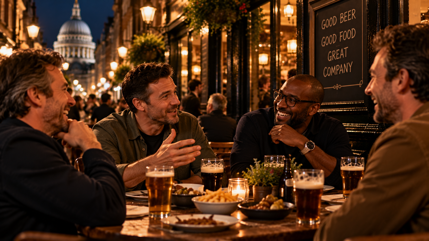 Four friends sit around a table outside a pub at night, sharing drinks and food as one tells a story and the others laugh.