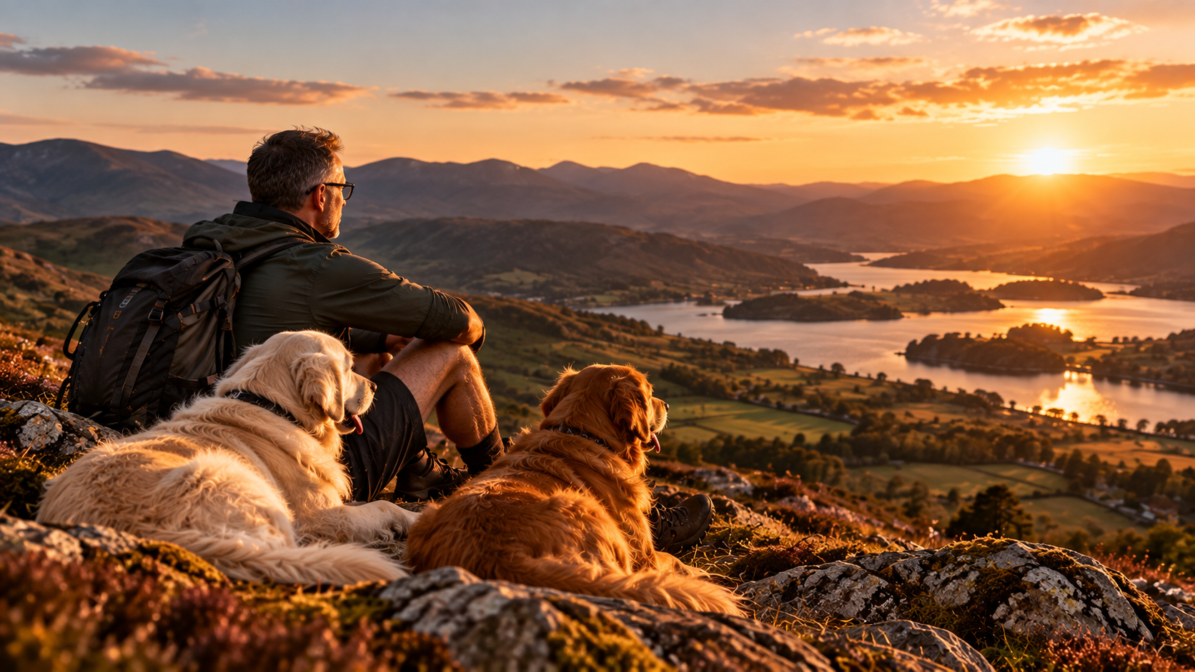 A man with short hair and glasses sits on a rocky hillside beside two Golden Retrievers, one golden and one cream, looking out across a vast lake and mountain landscape at sunset.