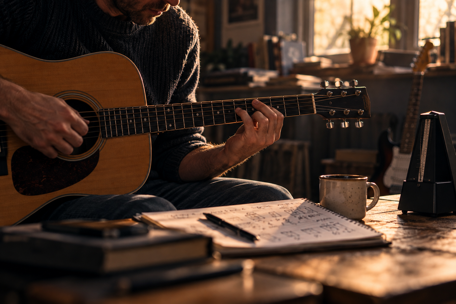 Close-up of a man practising an acoustic guitar in a warmly lit room, concentrating on his finger placement. Handwritten chord notes and a metronome sit on the table beside him.