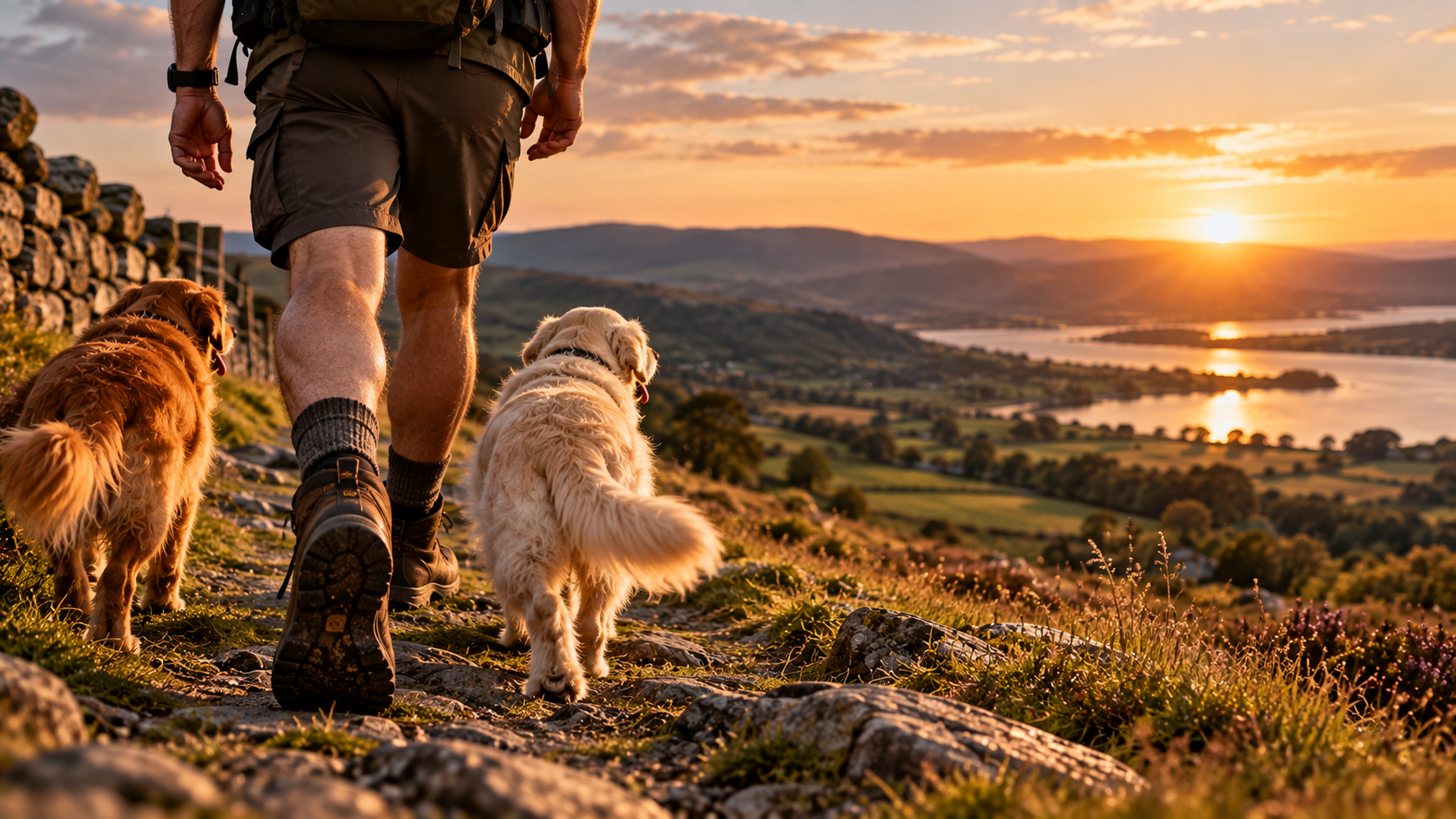A man wearing hiking boots walks along a rocky hillside with two Golden Retrievers, one golden and one cream, overlooking a lake and rolling hills at sunset.
