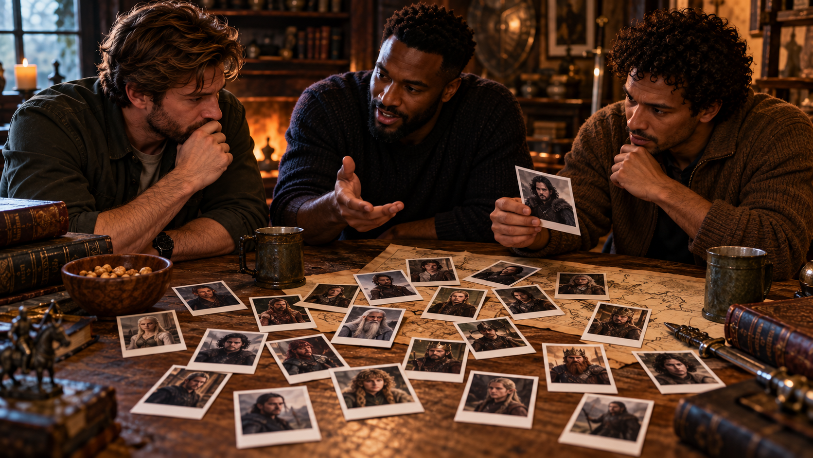 Three friends debate around a wooden table covered with small Polaroid-style portraits of fantasy warriors from medieval-inspired films and television.