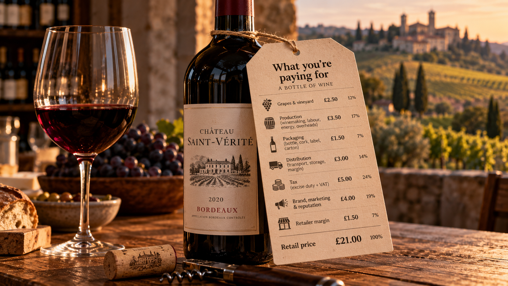A bottle and glass of red wine sit on a vineyard table beside a tag illustrating the different costs that can contribute to a bottle's retail price.