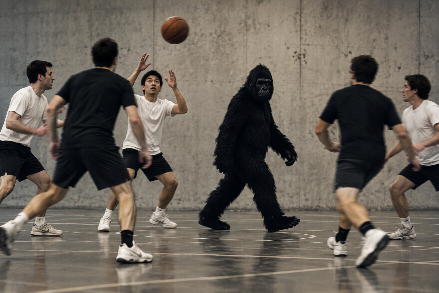 A person in a gorilla costume walks through a basketball game as players in black and white shirts pass a ball, illustrating the invisible gorilla experiment.