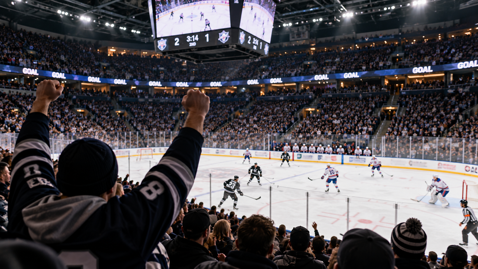 Ice hockey players compete in a packed arena as a fan in the foreground raises both arms to celebrate a goal.