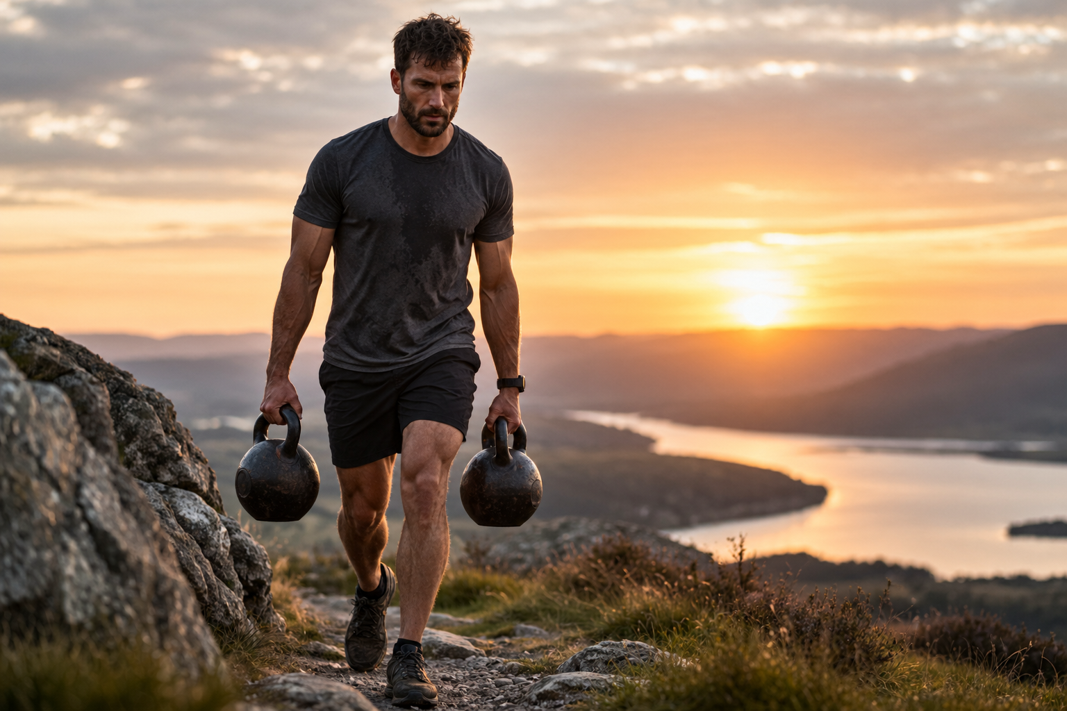 Athletic man carrying two heavy kettlebells along a rocky hillside at sunset, with distant mountains and a lake behind him.