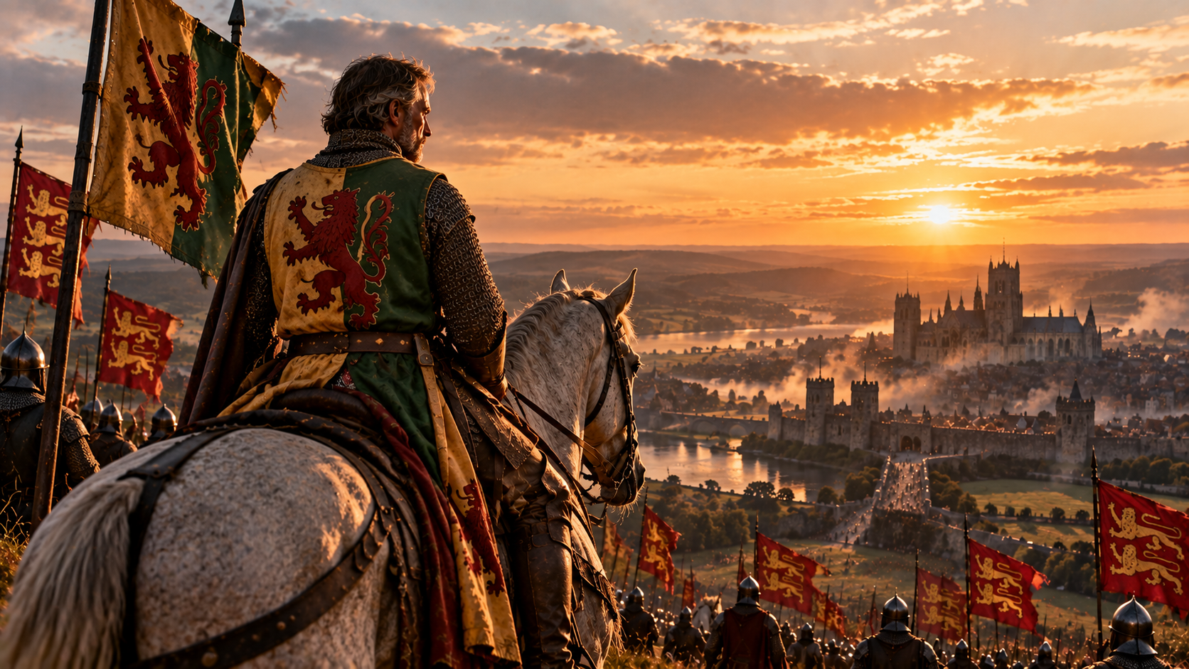 William Marshal, depicted as an ageing knight in chainmail, sits on horseback overlooking medieval Lincoln at sunset. His gold-and-green banner bears a red lion, while his army carries the three golden lions of England.