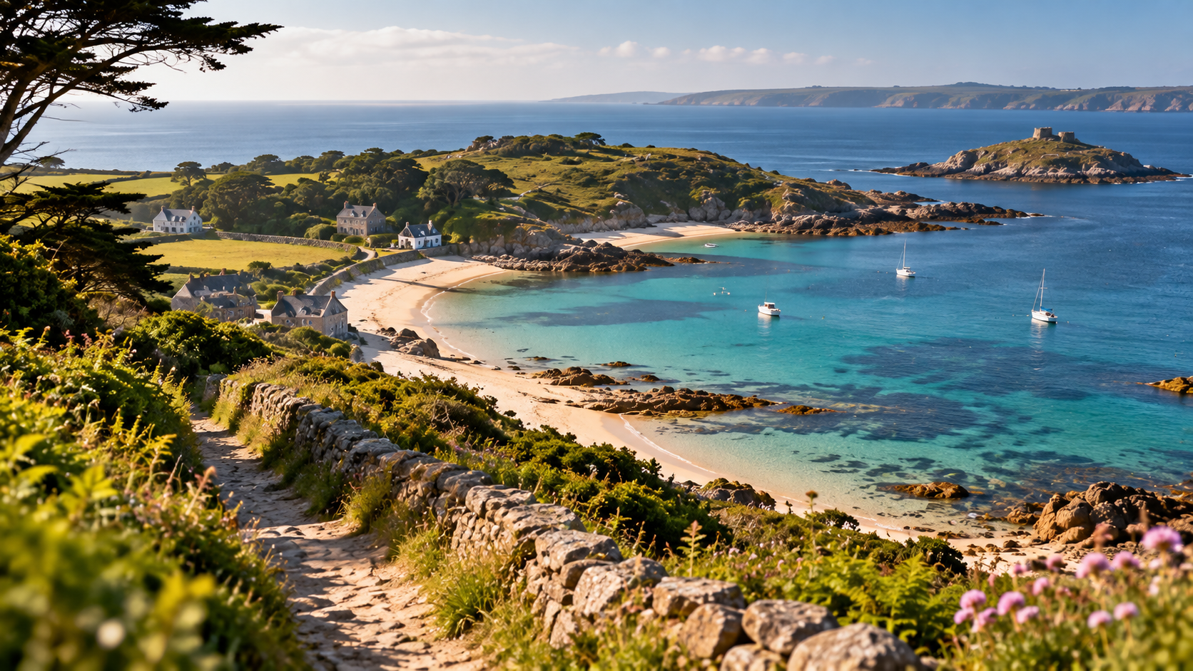 A coastal path winds above sandy beaches and clear blue water on the small Channel Island of Herm, with boats anchored offshore.