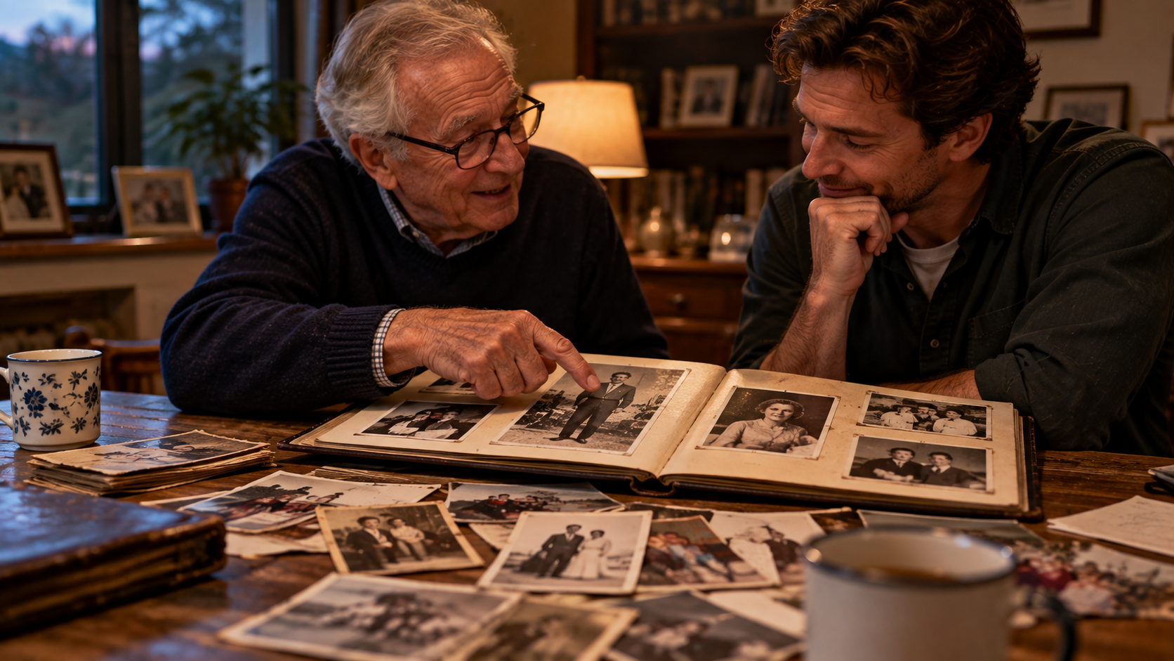 An older man and a younger man look through a family photo album together, surrounded by old photographs on a table.