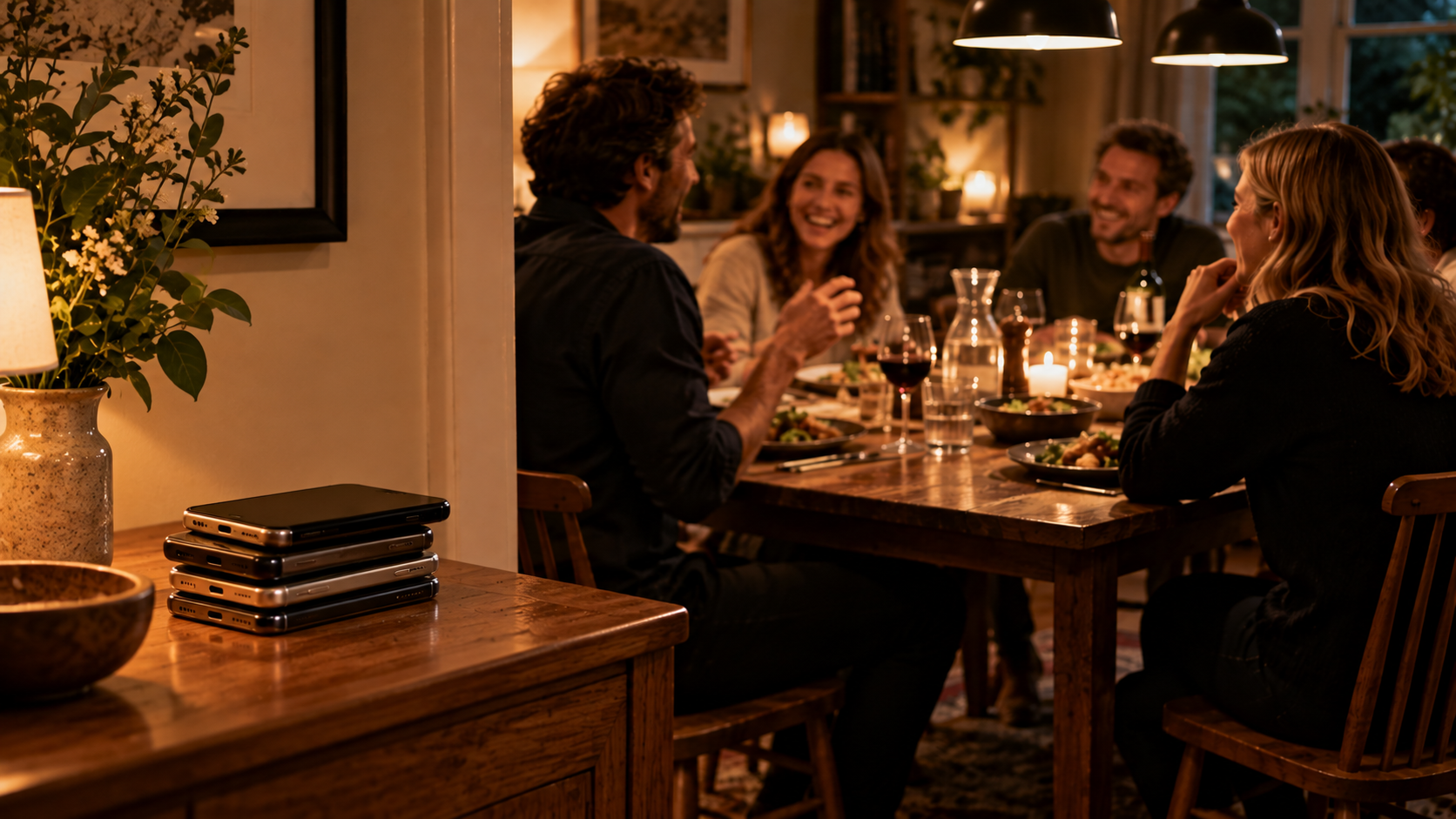 A stack of smartphones sits on a side table while a group of friends share dinner and conversation in the background.