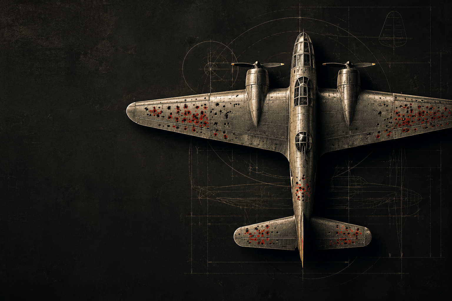 Overhead illustration of a Second World War bomber against a dark technical drawing, with red markings highlighting bullet damage across its wings and tail.