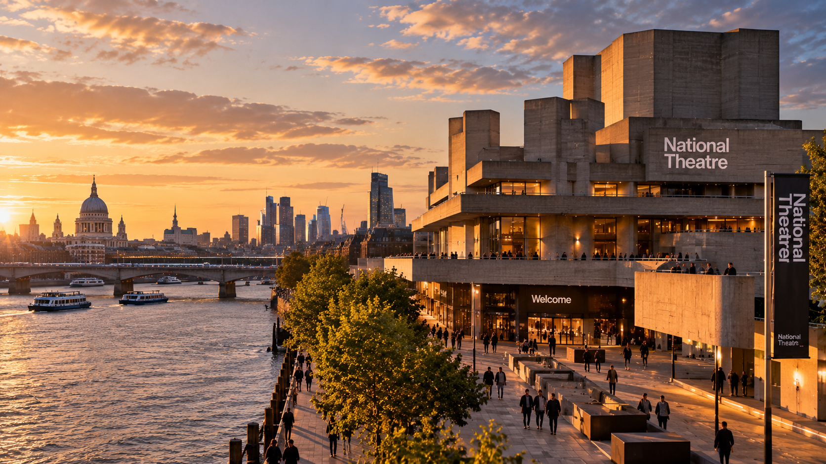 The National Theatre on London’s South Bank at sunset, its concrete Brutalist terraces overlooking the River Thames with St Paul’s Cathedral and the London skyline beyond.
