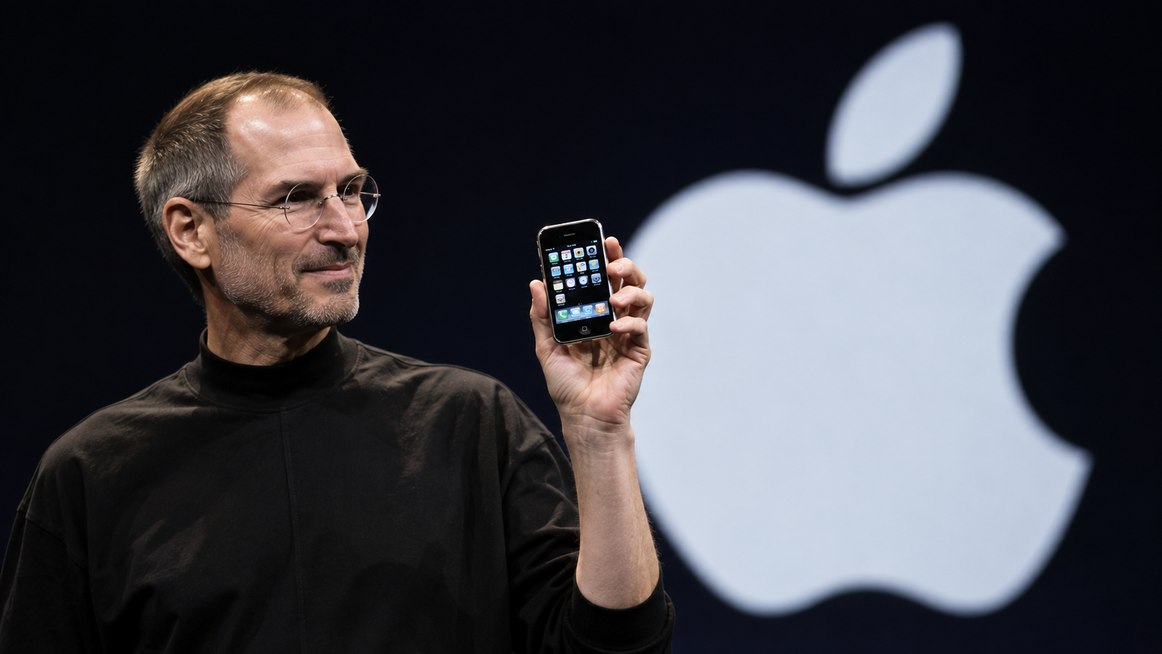 Steve Jobs stands on a dark presentation stage holding up an early iPhone, with a large Apple logo behind him.