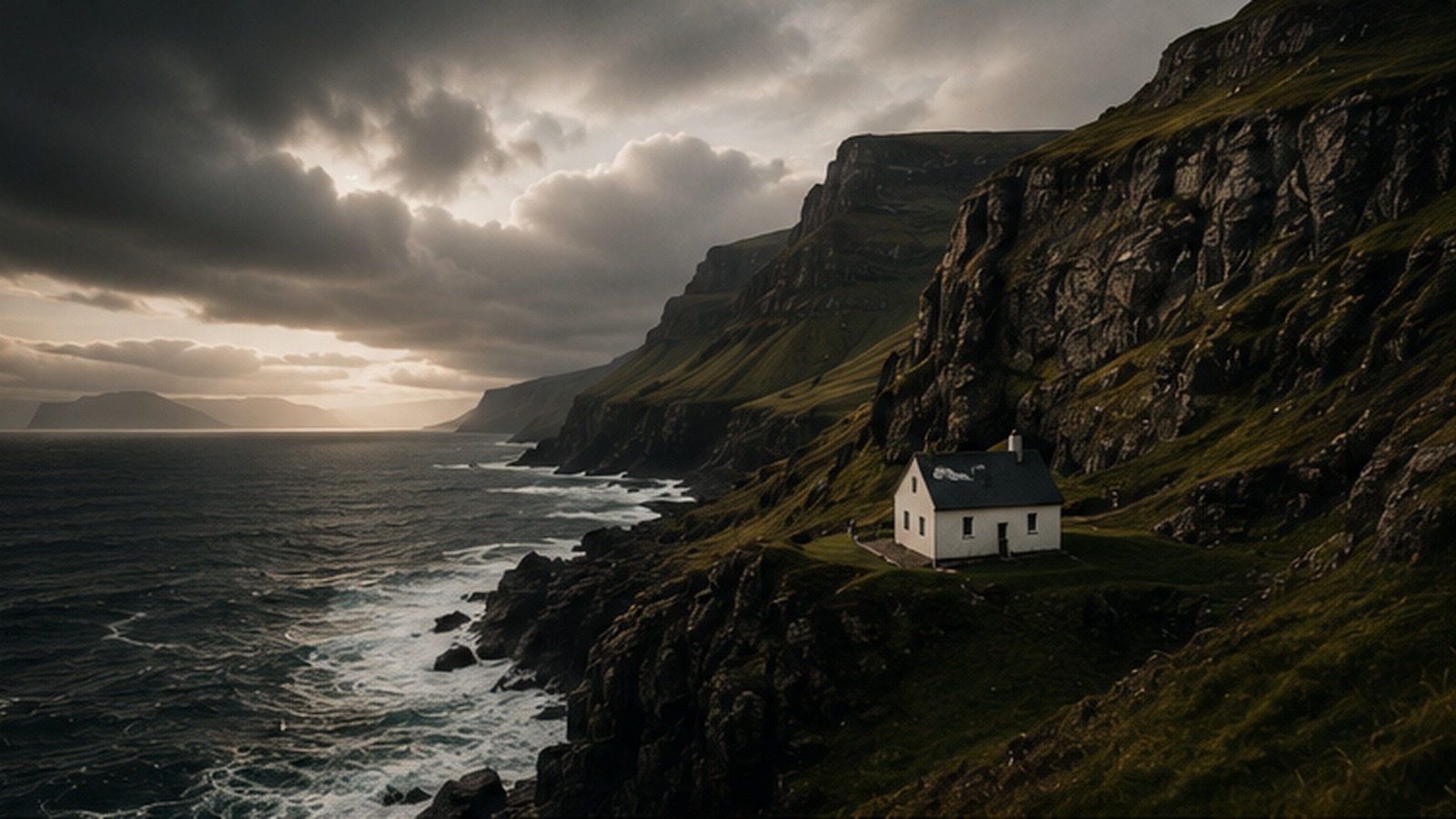 Remote island coastline beneath a wide grey sky.