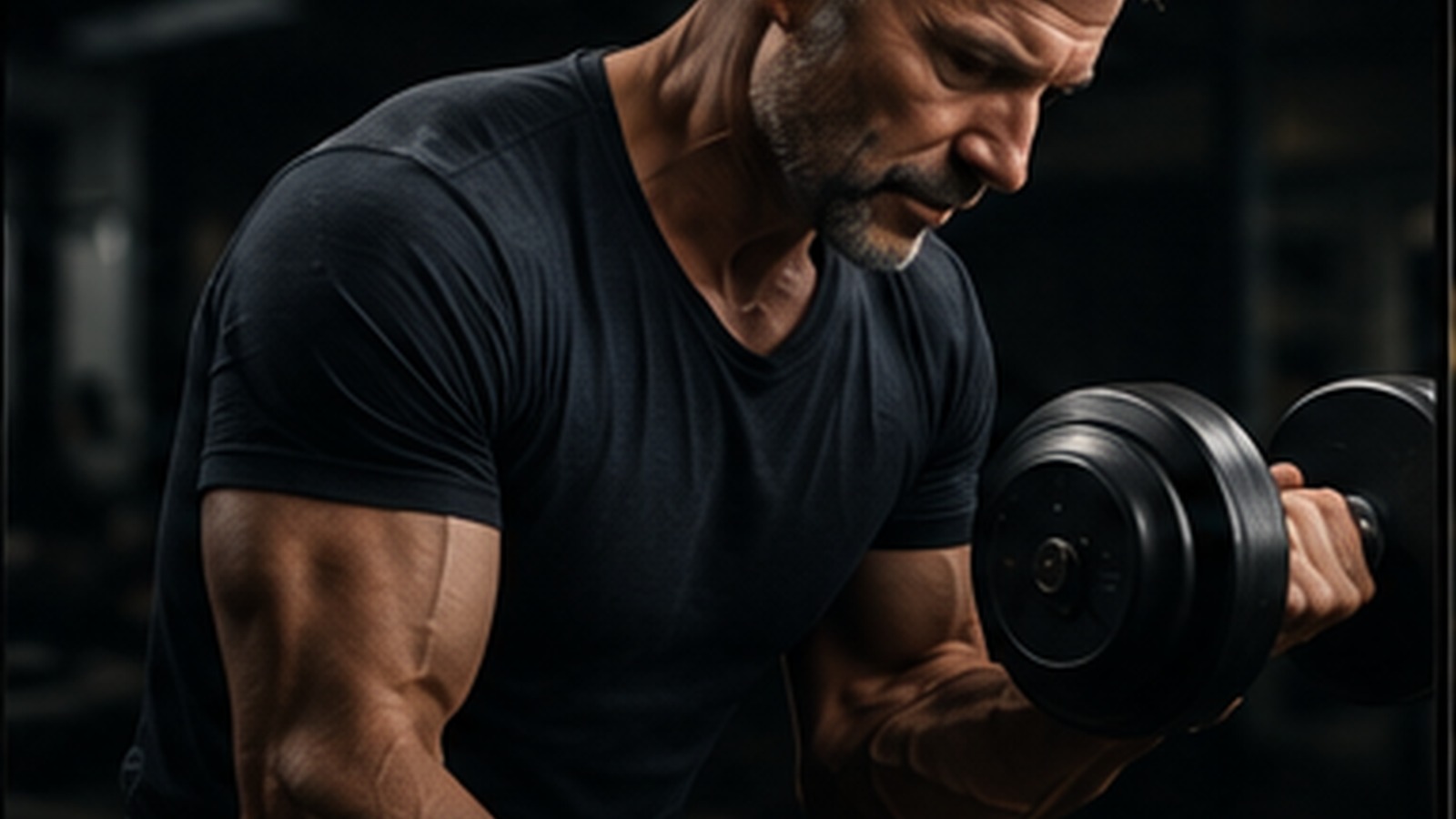Man strength training with free weights in a gym.