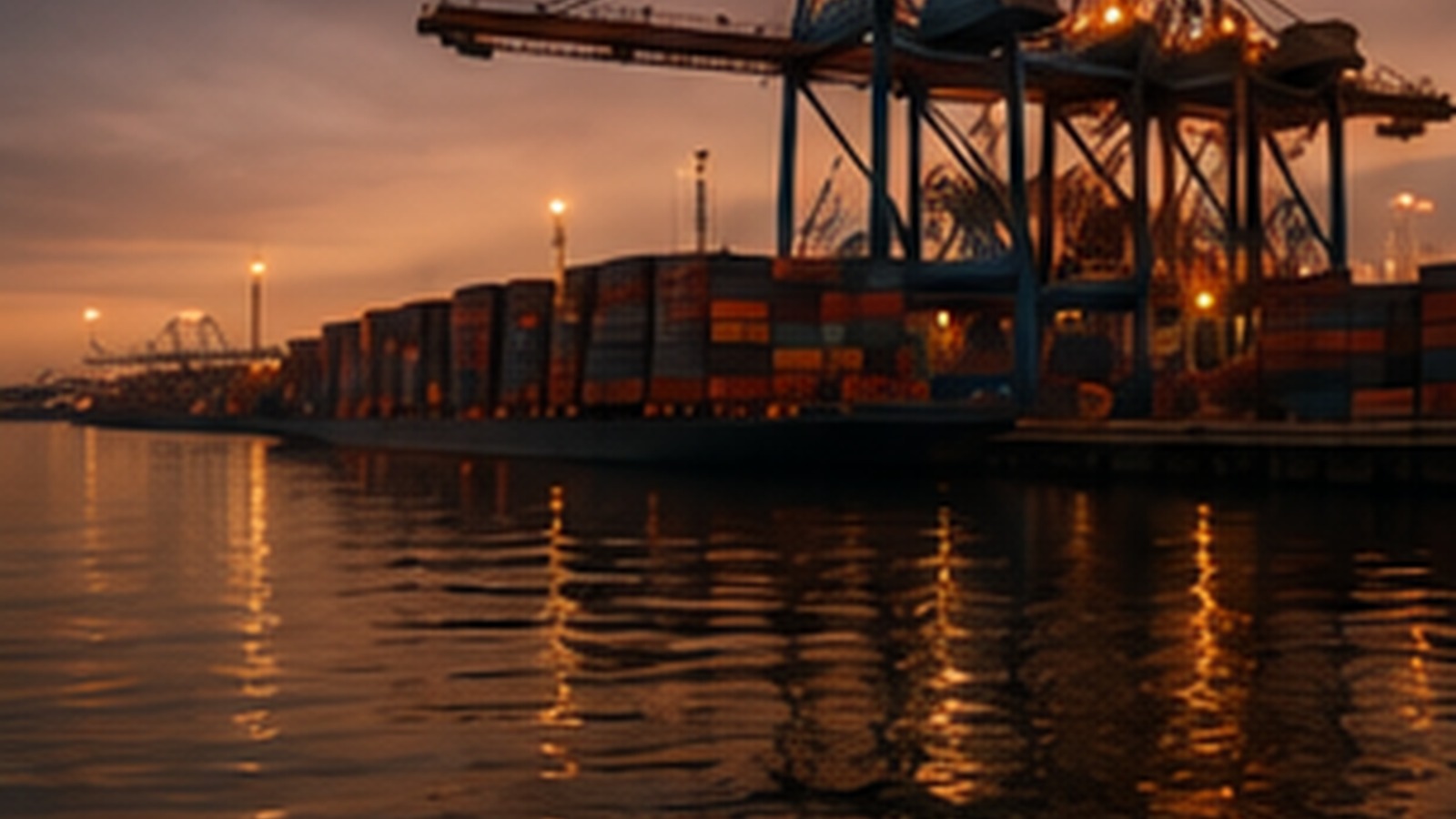 Large container port filled with cranes and cargo ships.
